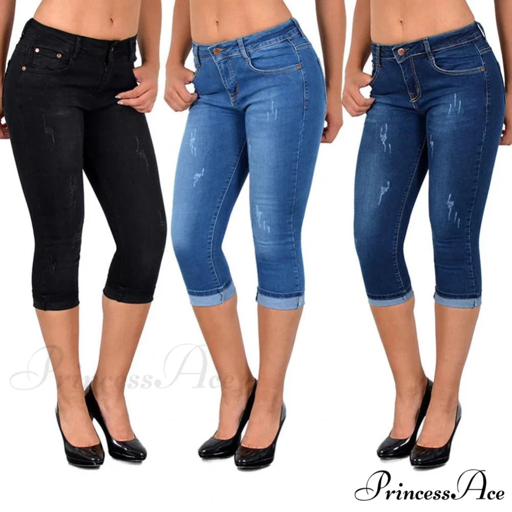 Skinny High Waist Cropped Denim Capri Pants