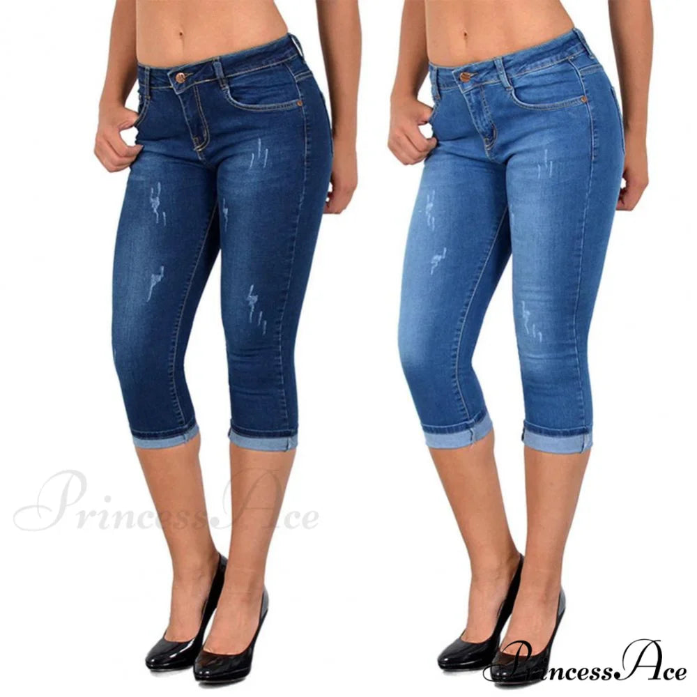 Skinny High Waist Cropped Denim Capri Pants