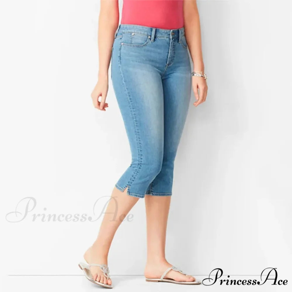 Skinny Knee Length Woman's Cropped Trousers Women Elastic High Waist Mom Oversize Blue Denim Pants Ladies Jean