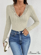 Skinny Monochromatic Plunging Neckline Lace Bodysuit Women