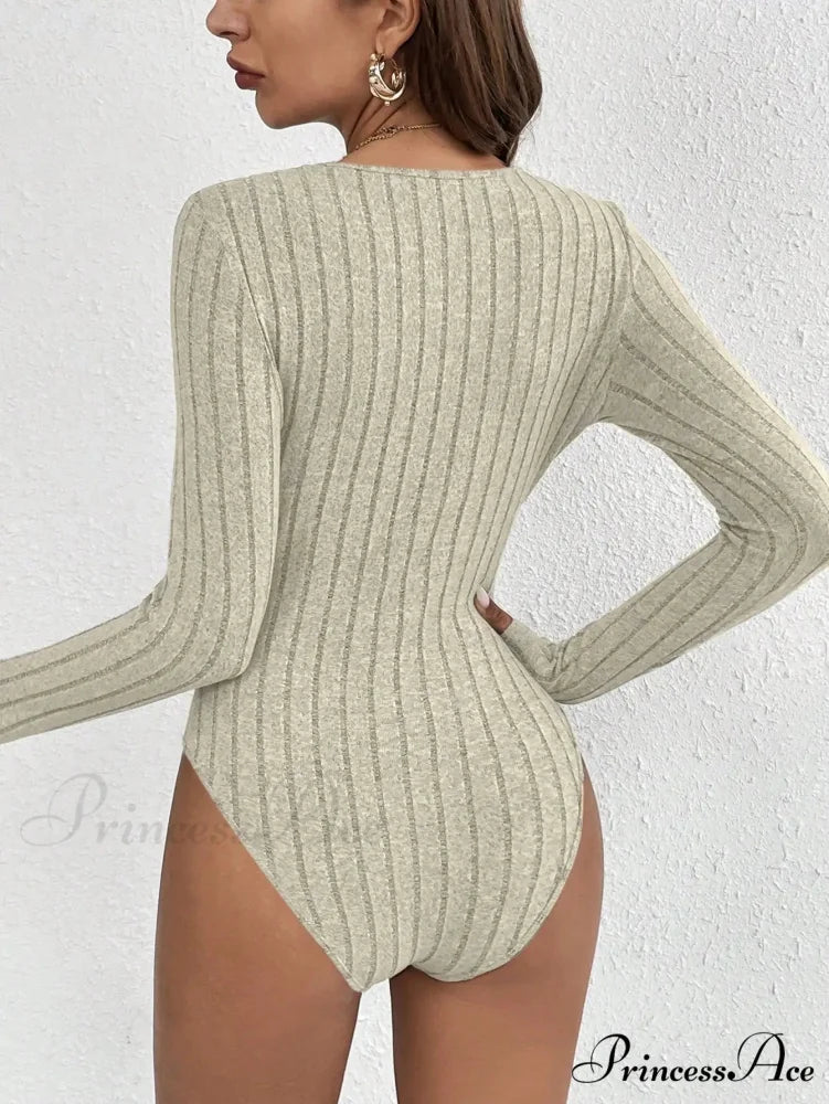 Skinny Monochromatic Plunging Neckline Lace Bodysuit Women