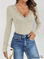 Skinny Monochromatic Plunging Neckline Lace Bodysuit Women