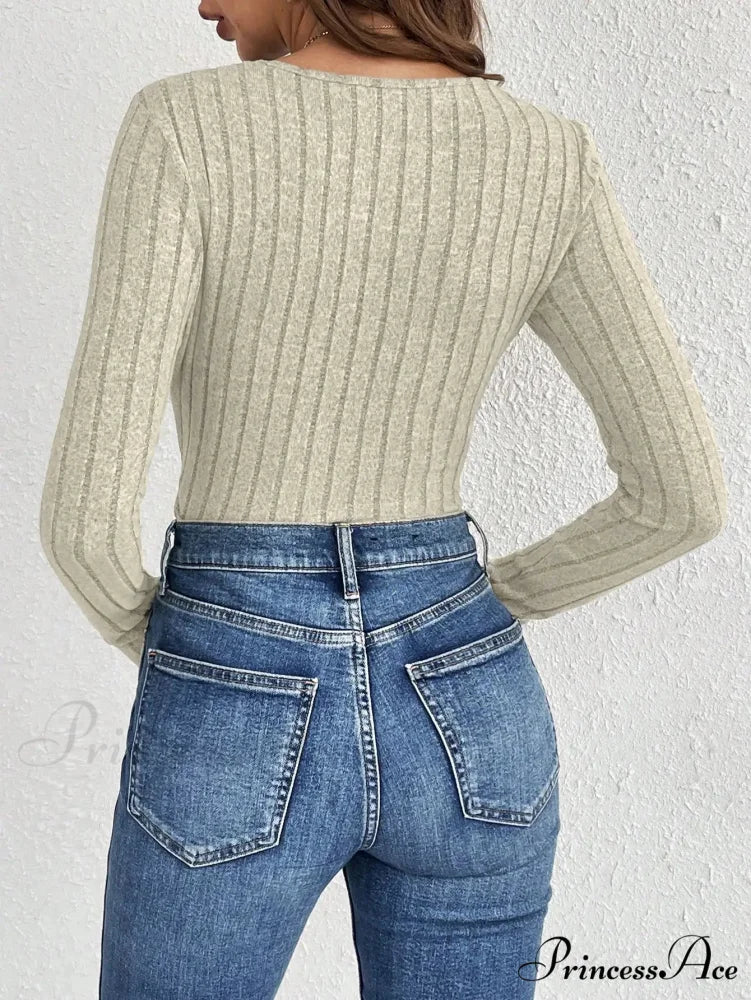 Skinny Monochromatic Plunging Neckline Lace Bodysuit Women