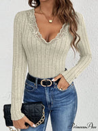 Skinny Monochromatic Plunging Neckline Lace Bodysuit Women