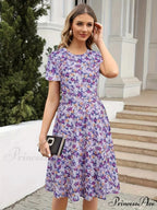 Skinny Waist Flower Pattern Summer Circular Neck Dress