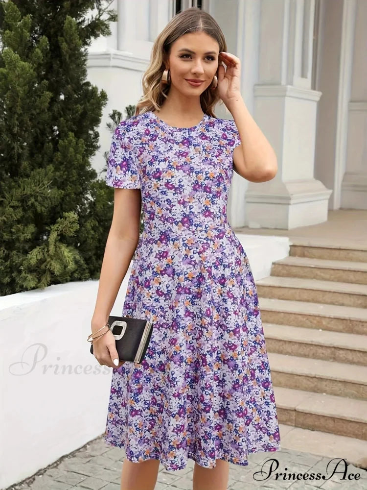 Skinny Waist Flower Pattern Summer Circular Neck Dress