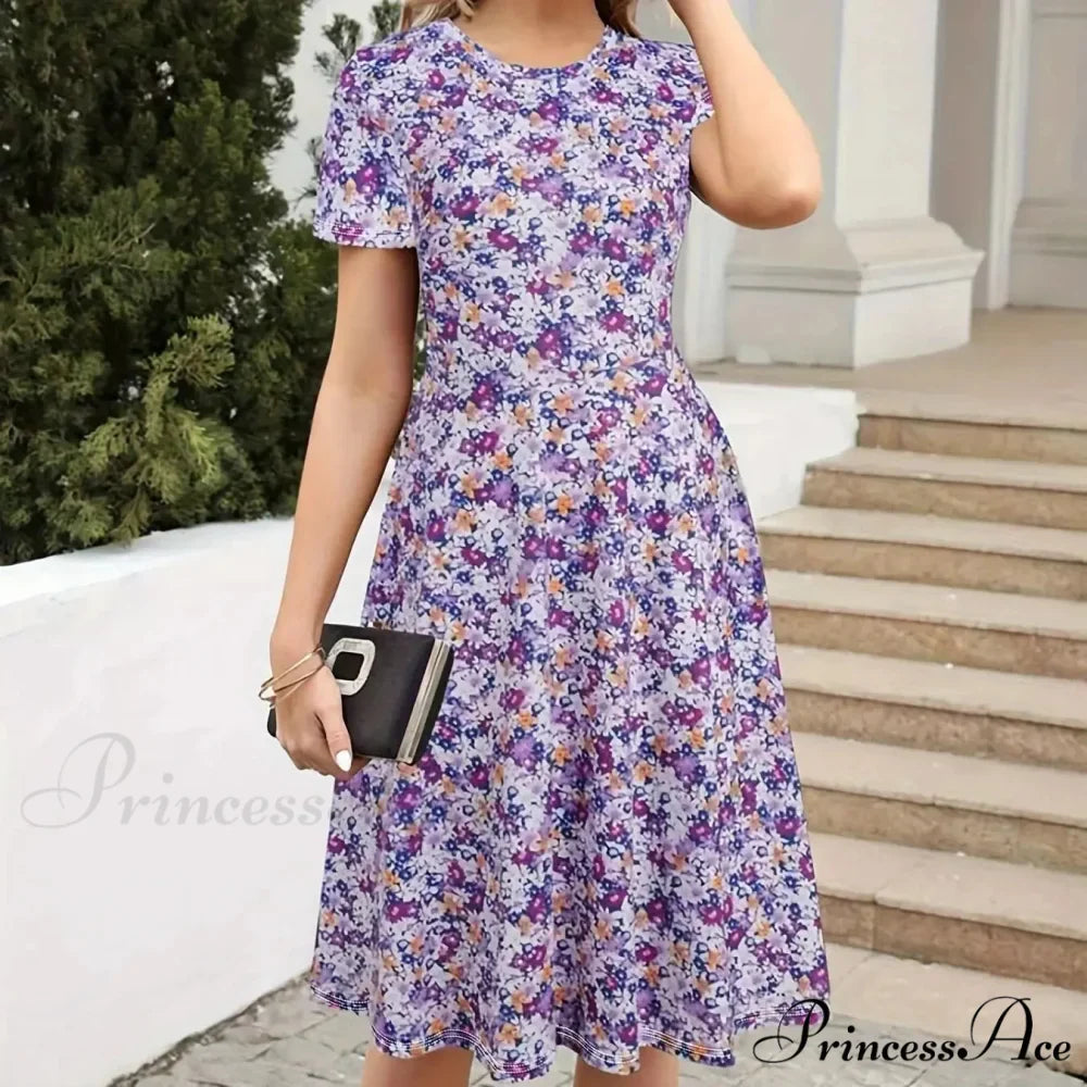 Skinny Waist Flower Pattern Summer Circular Neck Dress