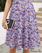 Skinny Waist Flower Pattern Summer Circular Neck Dress