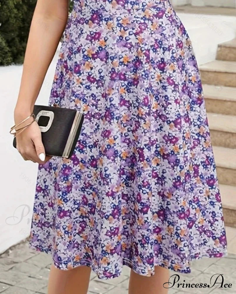 Skinny Waist Flower Pattern Summer Circular Neck Dress