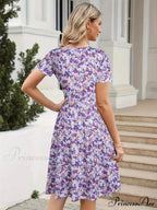 Skinny Waist Flower Pattern Summer Circular Neck Dress