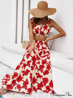 Skirt Tie Tiered Top with Full-Length Flowered Shoulder Set