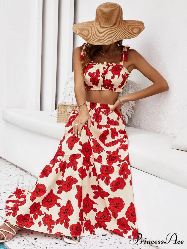 Skirt Tie Tiered Top with Full-Length Flowered Shoulder Set