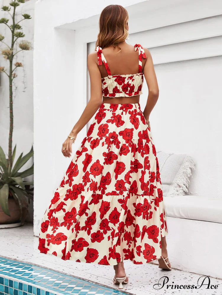 Skirt Tie Tiered Top with Full-Length Flowered Shoulder Set