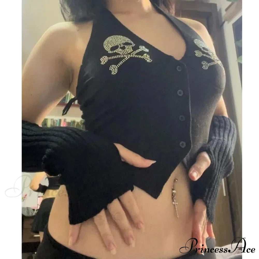 Skull Printed Gothic Hanging Neck Crop Top