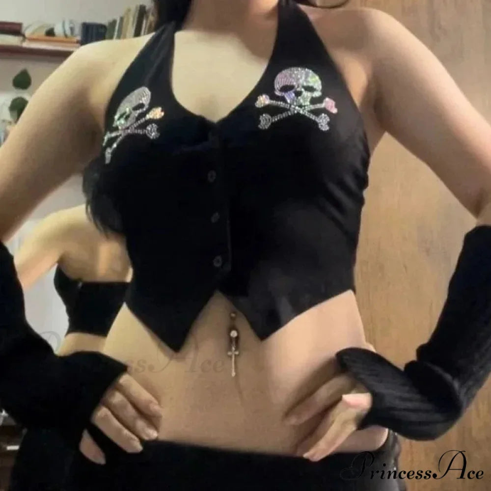 Skull Printed Gothic Hanging Neck Crop Top