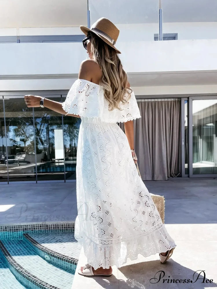 Slash Neck Embroidered Lace Hollowed Out Maxi Ivory Bohemian Dress