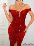 Slash Neck Sequin Party Dress