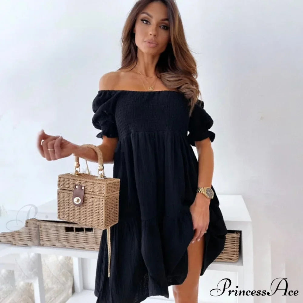 Slash Neck White Puff Sleeve Big Swing Dresses