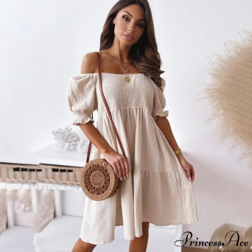 Slash Neck White Puff Sleeve Big Swing Dresses