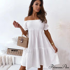 Slash Neck White Puff Sleeve Big Swing Dresses