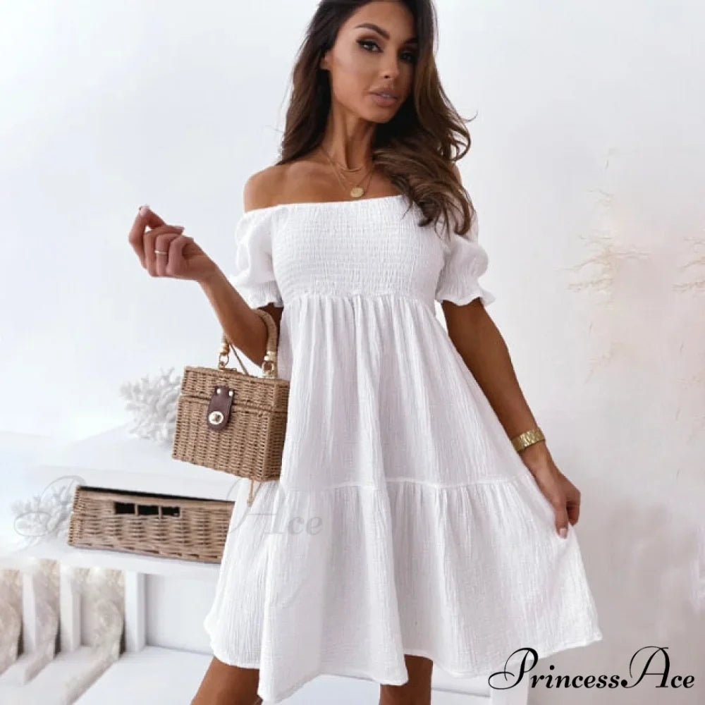 Slash Neck White Puff Sleeve Big Swing Dresses