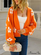 Sleeve Knitted Cropped Floral Cardigan
