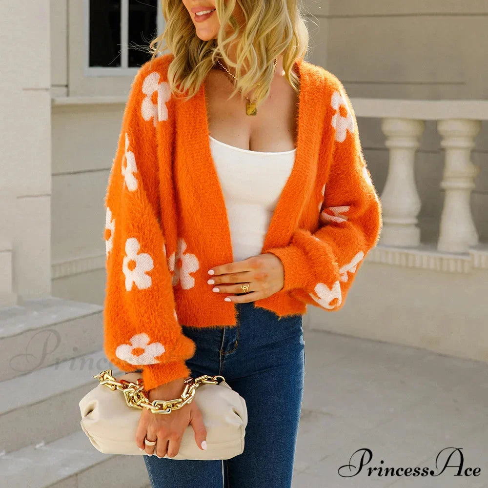 Sleeve Knitted Cropped Floral Cardigan