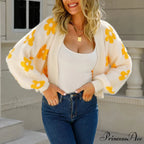 Sleeve Knitted Cropped Floral Cardigan