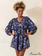 Sleeve Loose Floral Tied Bodydoll Short Floral Dress