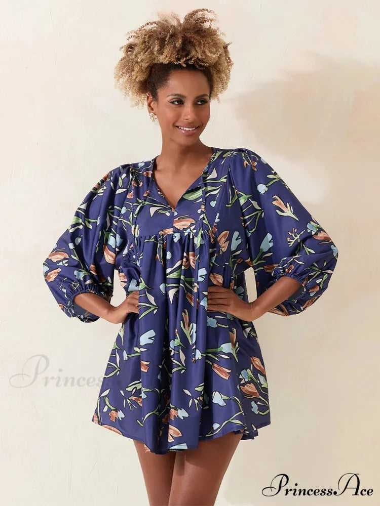 Sleeve Loose Floral Tied Bodydoll Short Floral Dress