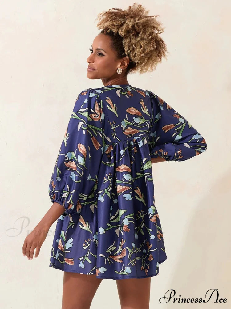 Sleeve Loose Floral Tied Bodydoll Short Floral Dress