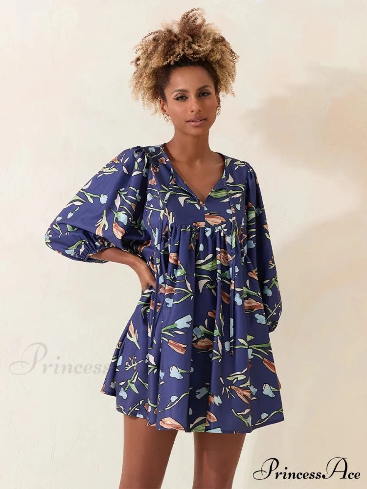 Sleeve Loose Floral Tied Bodydoll Short Floral Dress