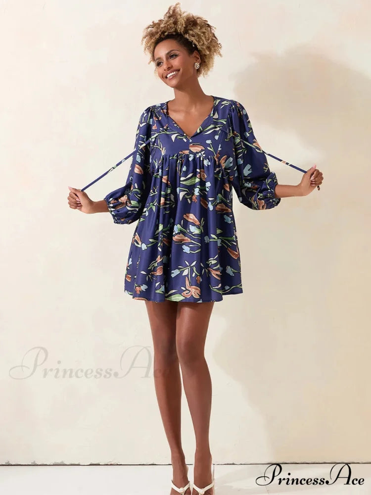 Sleeve Loose Floral Tied Bodydoll Short Floral Dress