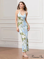 Sleeveless Celebration Spaghetti Strap U-neck Bodycon Evening Floral Dress