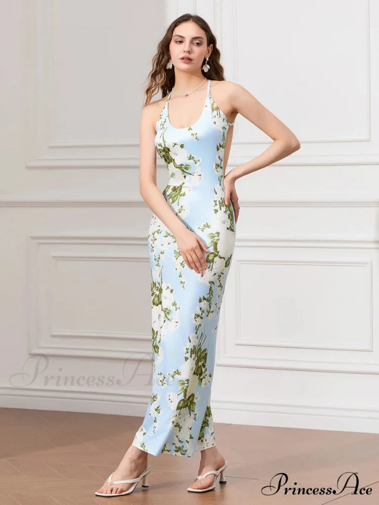 Sleeveless Celebration Spaghetti Strap U-neck Bodycon Evening Floral Dress