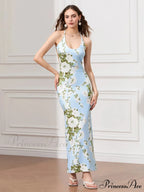 Sleeveless Celebration Spaghetti Strap U-neck Bodycon Evening Floral Dress