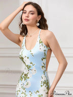 Sleeveless Celebration Spaghetti Strap U-neck Bodycon Evening Floral Dress