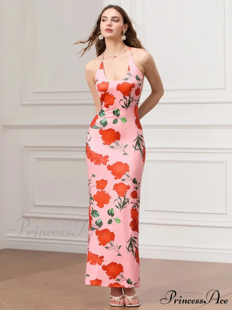 Sleeveless Celebration Spaghetti Strap U-neck Bodycon Evening Floral Dress