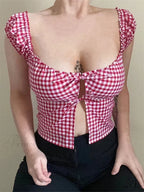 Sleeveless Checked Square Neck Tie-up Top