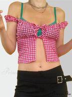 Sleeveless Checked Square Neck Tie-up Top