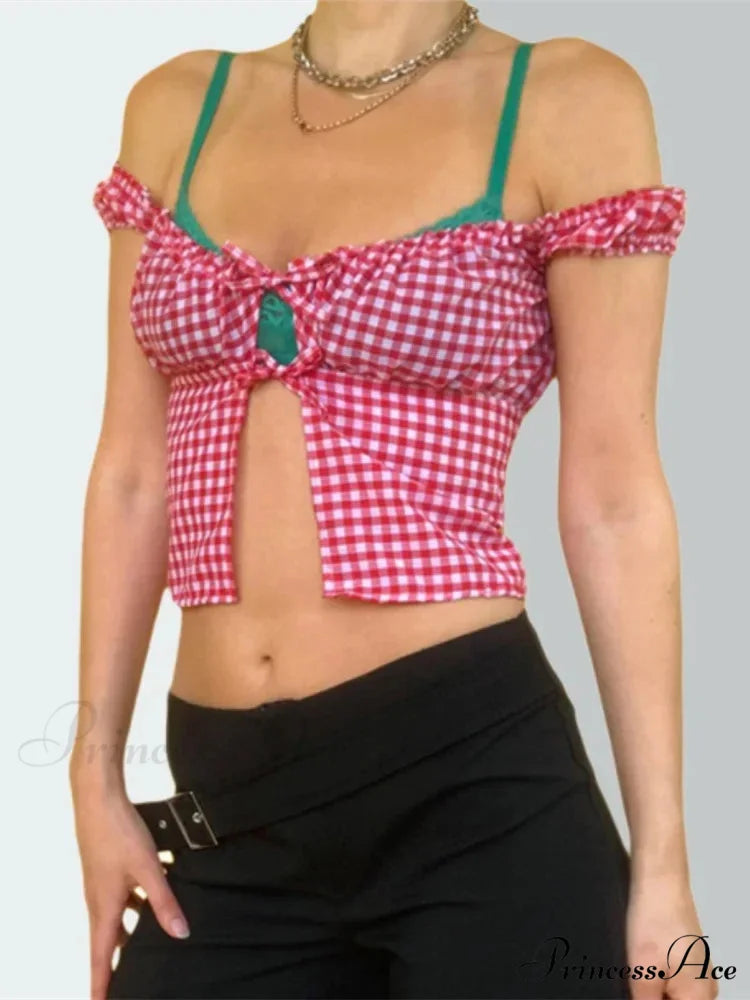 Sleeveless Checked Square Neck Tie-up Top
