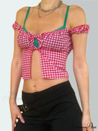 Sleeveless Checked Square Neck Tie-up Top