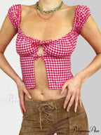 Sleeveless Checked Square Neck Tie-up Top