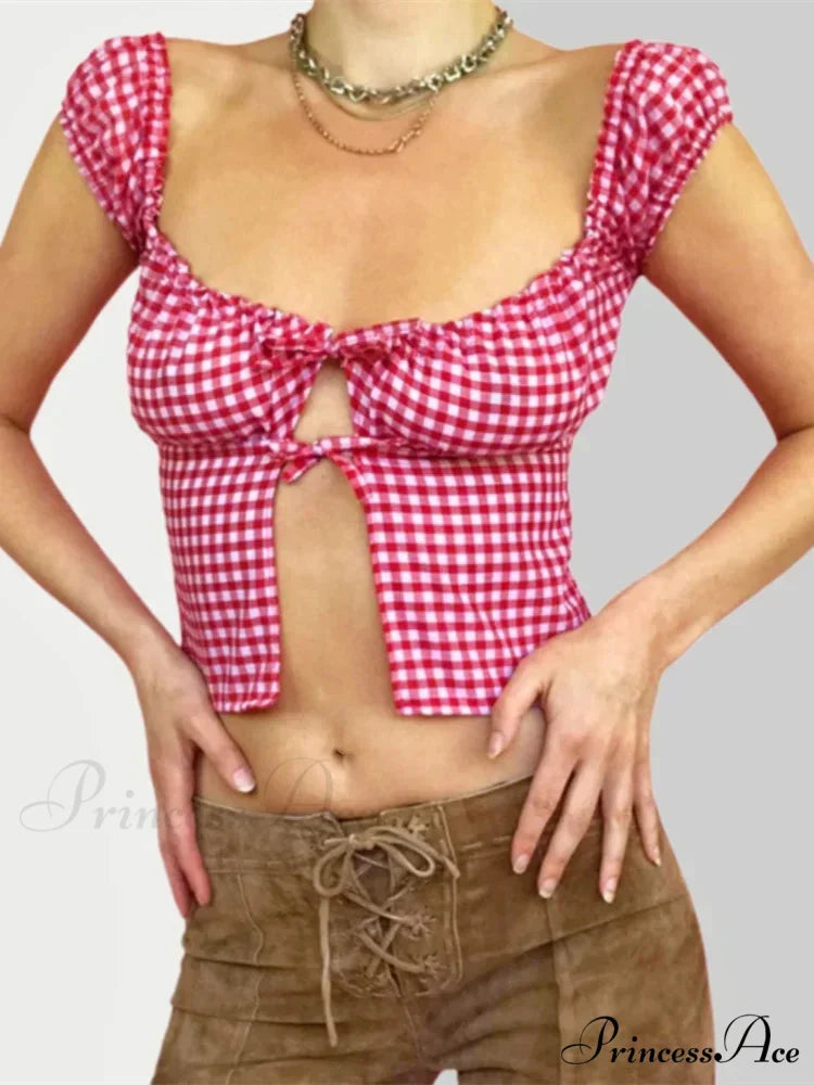 Sleeveless Checked Square Neck Tie-up Top