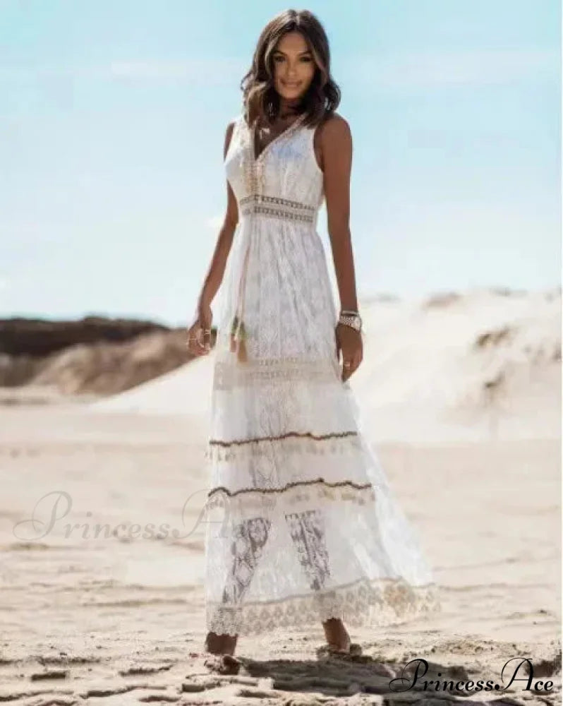 Sleeveless Corded Up Fringe Patchwork Summertime Long Hippie Dress