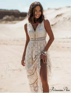 Sleeveless Corded Up Fringe Patchwork Summertime Long Hippie Dress