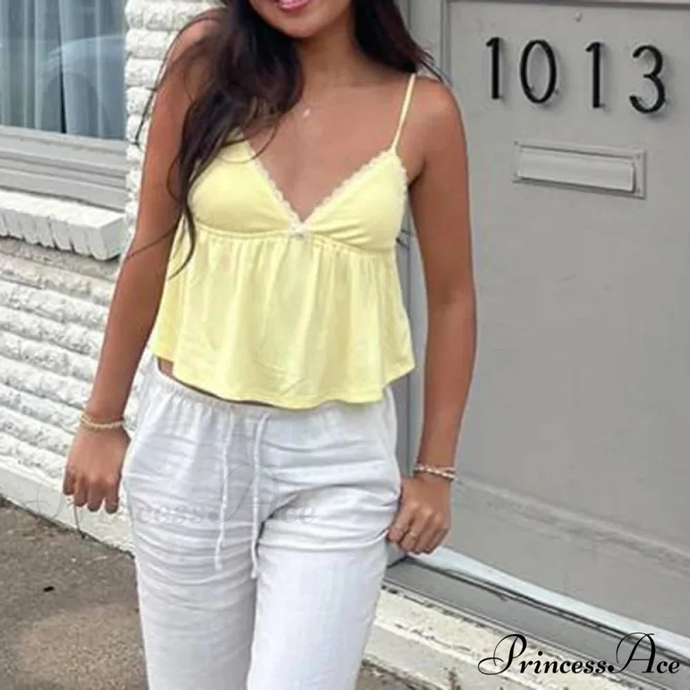 Sleeveless Deep Neck Cami Babydoll Crop Top Lace Trim Shorts Two Pieces Set