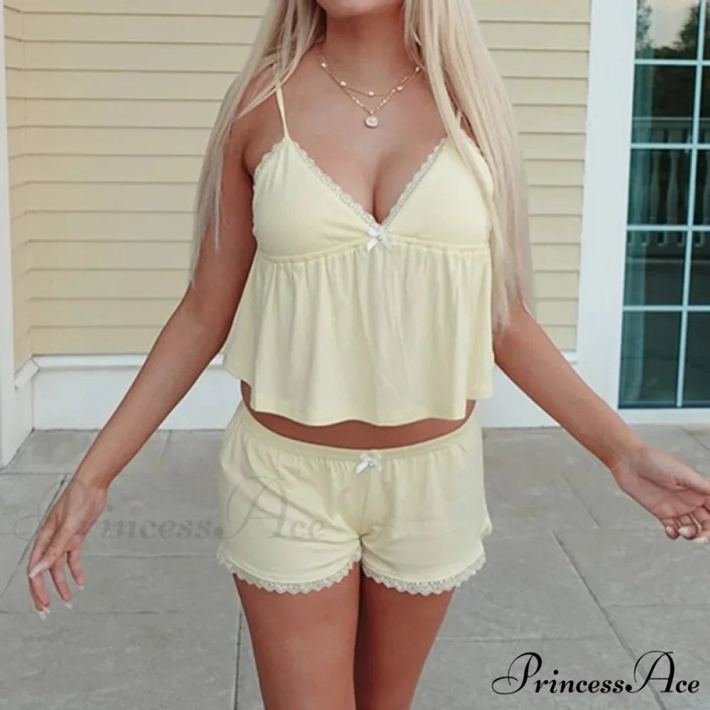 Sleeveless Deep Neck Cami Babydoll Crop Top Lace Trim Shorts Two Pieces Set