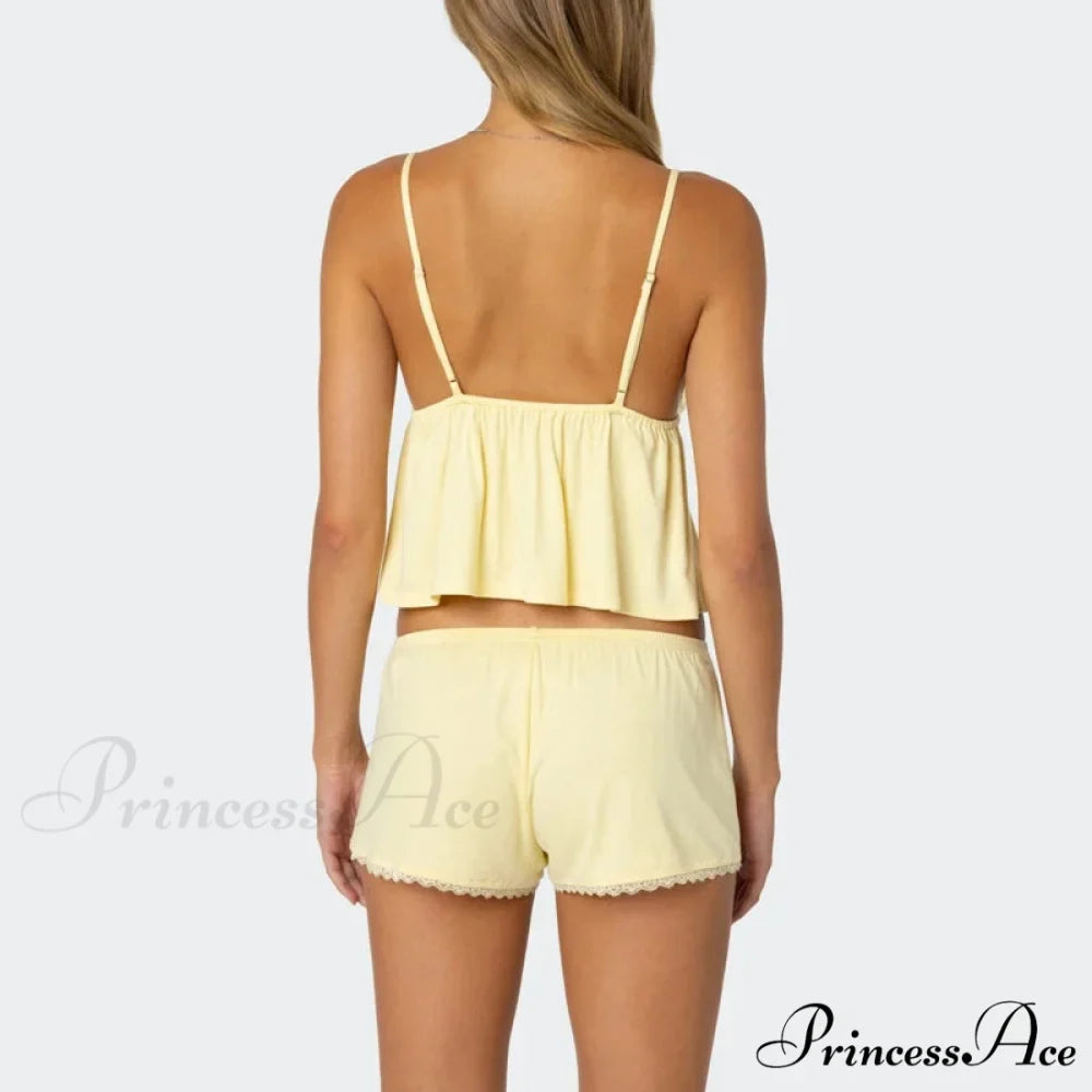 Sleeveless Deep Neck Cami Babydoll Crop Top Lace Trim Shorts Two Pieces Set