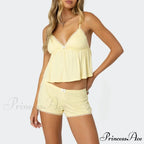 Sleeveless Deep Neck Cami Babydoll Crop Top Lace Trim Shorts Two Pieces Set